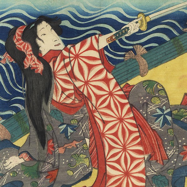 Beauty fighting a rogue during a flood. Kunichika