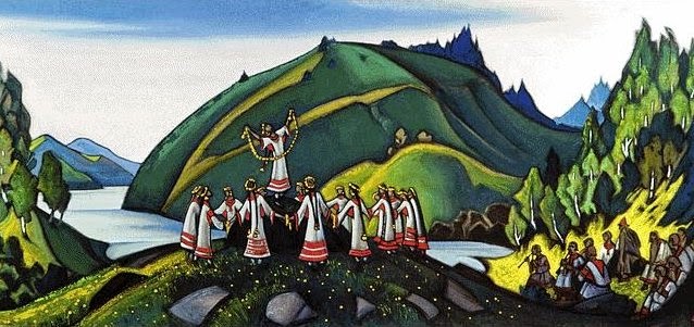 Rite of Spring by Nicholas Roerich. He designed the original set and costumes although this painting was done much later.