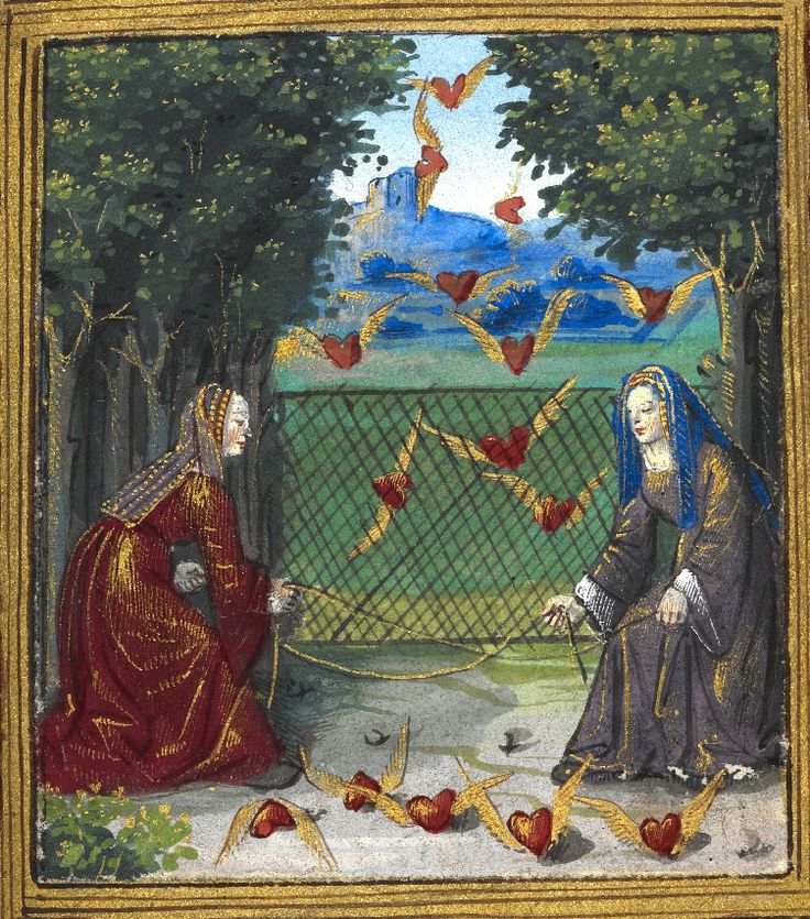Women catching flying hearts from a French manuscript, Petit Livre d’Amour