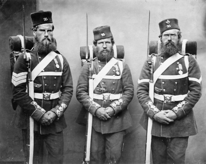 Sergeant John Geary, Thomas Onslow and Lance Corporal Patrick Carttay, 95th Regiment (Derbyshire) Regiment of Foot, wearing their packs and equipment. The 95th Regiment won eight Victoria Cross awards in the Crimea