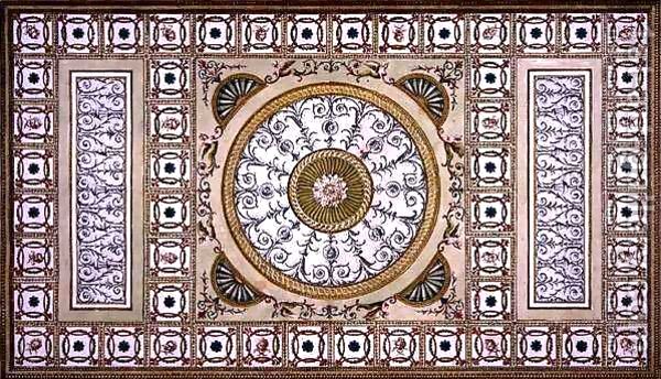 Robert Adam, the most influential British designer of the 18th century, was inspired by the drawing above to create this ceiling for Osterley House outside London.