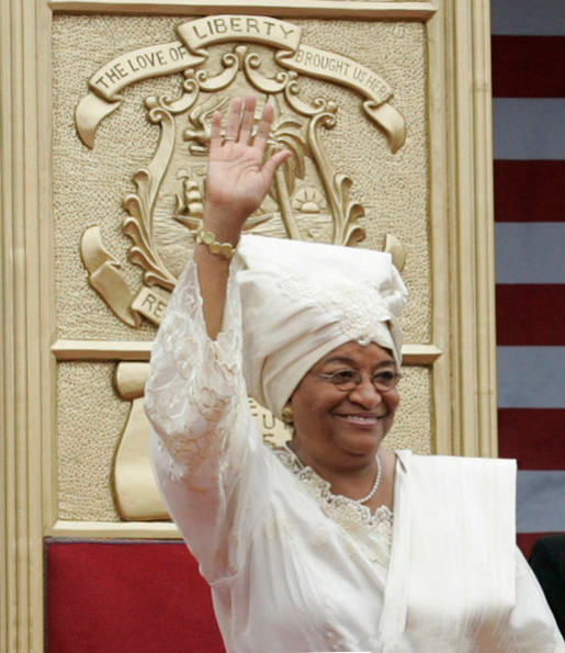 Liberian President Ellen Johnson Sirleaf waves to the crowd attending her inauguration in Monrovia, Liberia, Monday, Jan. 16, 2006. President Sirleaf is Africa’s first female elected head of state. Mrs. Laura Bush and U.S. Secretary of State Condoleezza Rice attended the ceremony. White House photo by Shealah Craighead