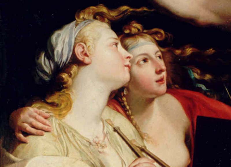 Euterpe, the muse of music, and Urania, the muse of astrology, hanging out together — Pompeo Batoni