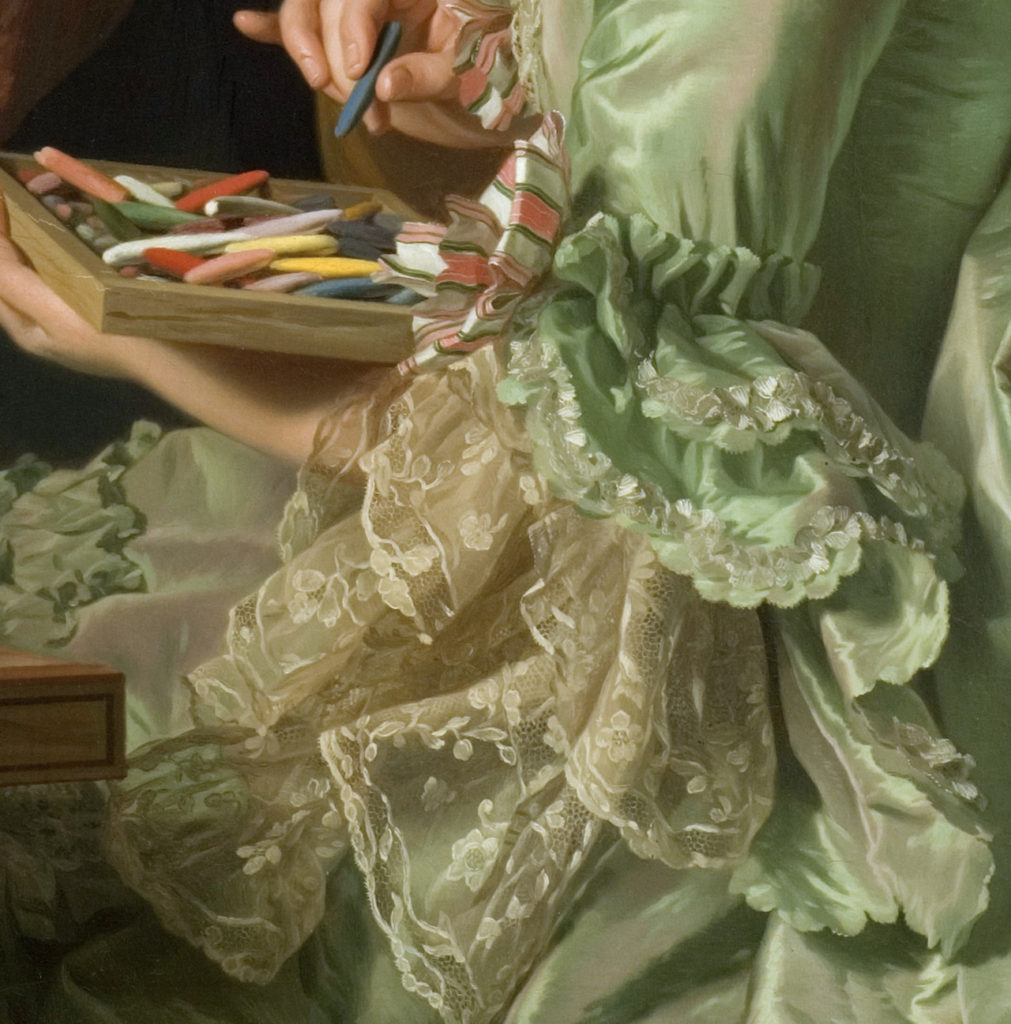 “Self-Portrait with his Wife Marie-Suzanne Giroust painting Henry Wilhelm Peills’s portrait” (1767) (detail) by Alexander Roslin (1718-1793).