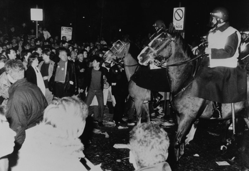 Mounted police break up demonstrating print workers in Wapping 1986.