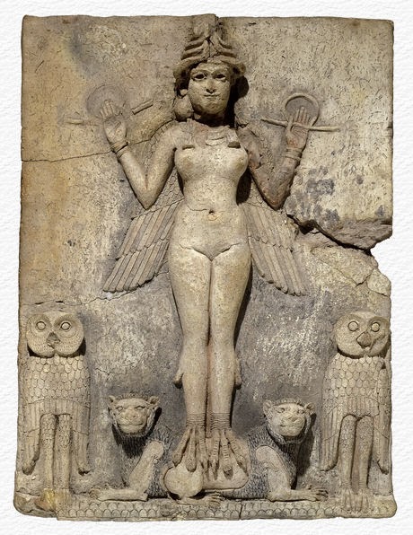 The “Queen of the Night” bas relief from Mesopotamia at the British Museum. Notice how she has the owls, like Pallas, and the lions.