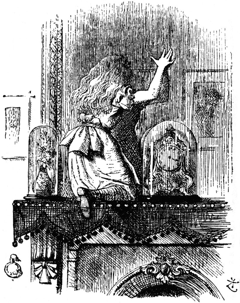 These illustrations are by John Tenniel for the first edition. Here Alice has climbed up on to the mantlepiece and starts to go through the glass.