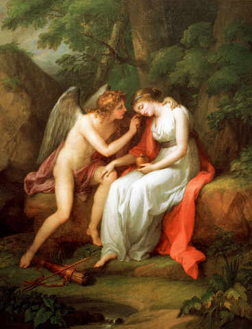 Cupid removes the veil of sleep from Psyche's face. Angelika Kauffmann