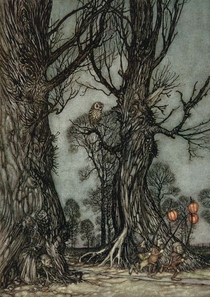 Linkmen running in front carrying winter cherries. Arthur Rackham