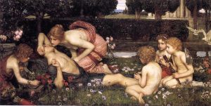 Awakening Adonis by John William Waterhouse. Venus awakens her lover, surrounded by anemones, which will later be dyed red by his blood.