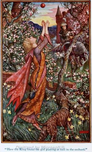 Princess Playing with a Ball from Andrew Lang's Fairy Books. By H J Ford