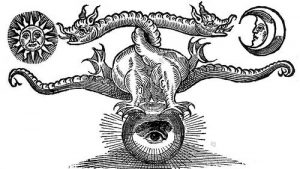 This alchemical image shows the double headed dragon standing on the earth between the Moon and the Sun.