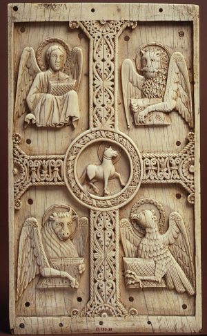 Plaque with the four gospels surrounding the lamb of god. Southern Italy c1050.