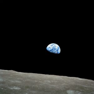 The famous picture of Earth Rise from the surface of the Moon. Courtesy of NASA and Wikimedia Commons.